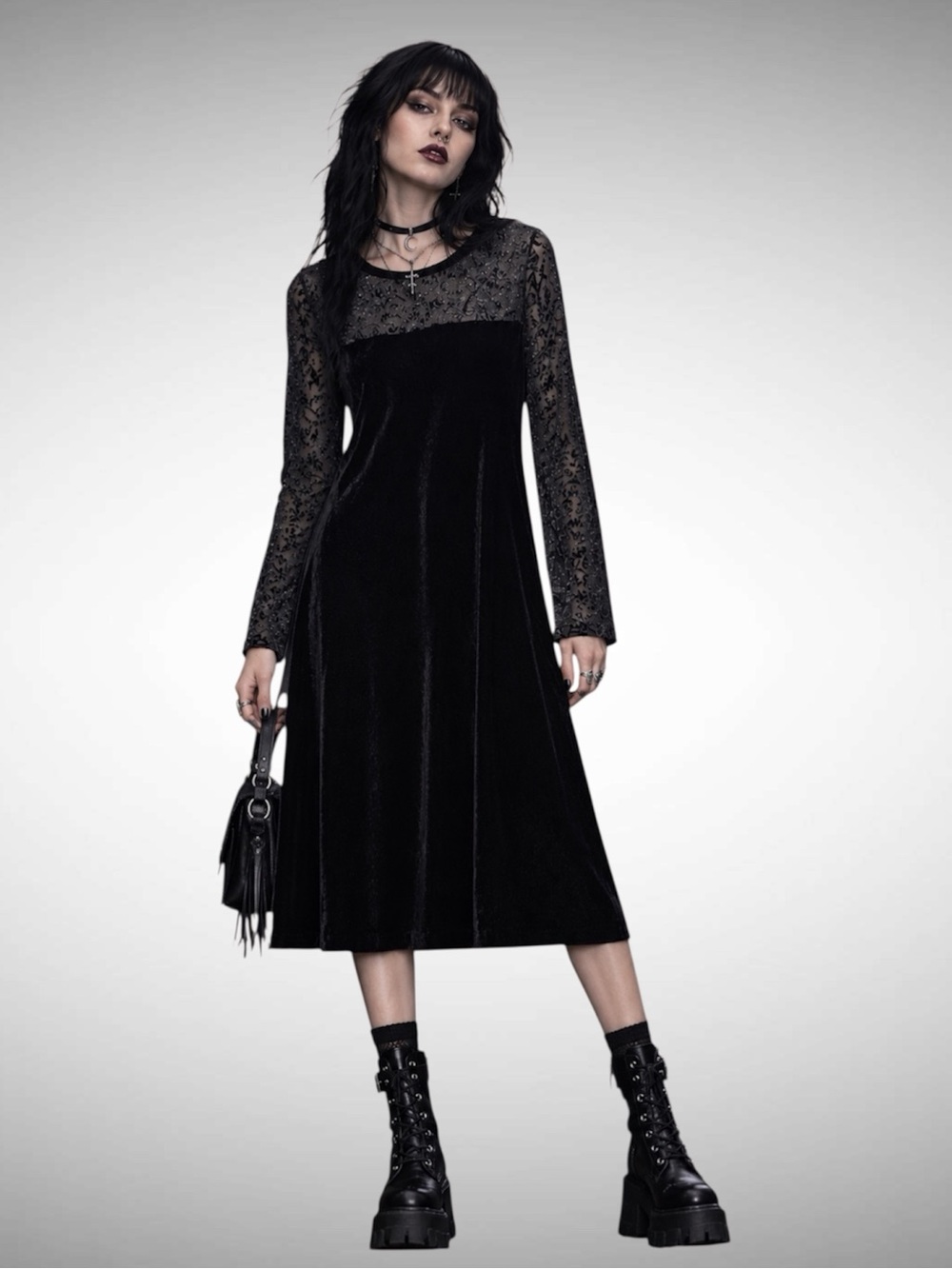 Vintage Velvet Burnout Midi Dress Gothic Grunge Black Long Sleeve Sz 14 Witchy